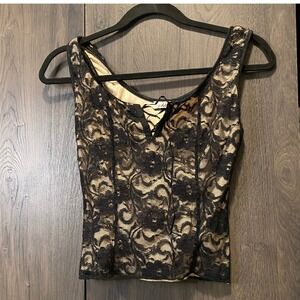 Creative Design Works CDW Black Floral Lace Corset Top Beige Lining Lace Up 90s